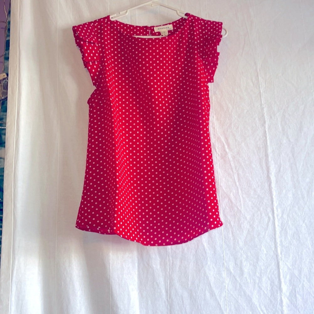 Monteau red and white polka dot ruffled blouse